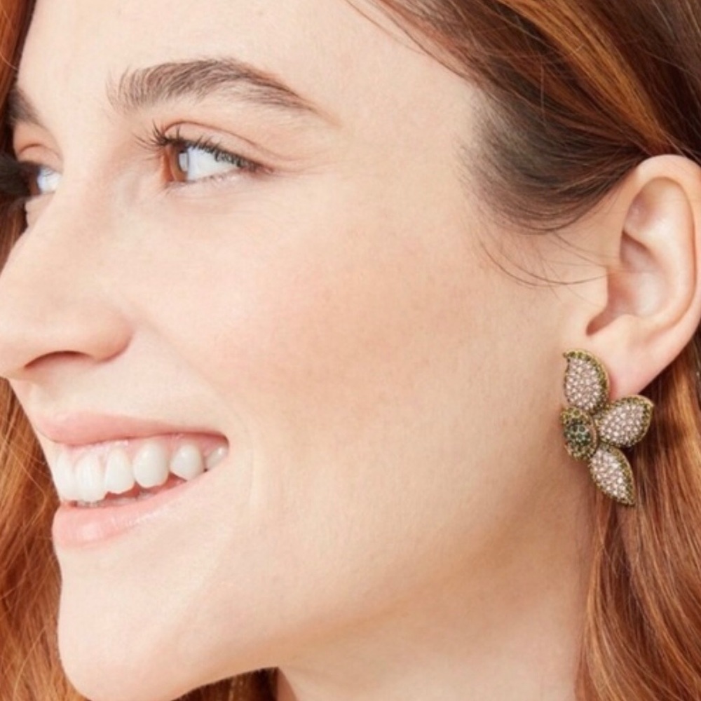 Stella & Dot | Pavé Rhinestone Peach + Green Petal Earrings Retired - Picture 6 of 7